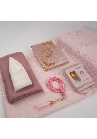 Eşarp + Takke + Seccade + Tesbih + Esans + Raşel Yasin Hediye Seti (Çanta Boy, Pembe)