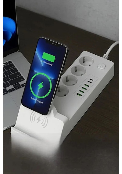 Akım Korumalı Priz Ve Masaüstü Şarj İstasyonu Kablosuz 4 Priz,4 Usb, 2 Type-c Girişli 2 Metre Standart