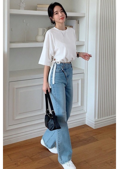 Kadın Oversize Basic Haki Tişört Yan Bağlamalı Rahat Kesim Günlük Yazlık T-shirt Beyaz