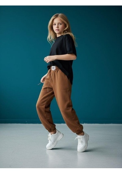 Kız Çocuk İnce Şardonlu Oversize Tasarım Eşofman Alt-16473 Kahverengi Kız Çocuk İnce Şardonlu Oversize Tasarım Eşofman Alt-16473 Kahverengi