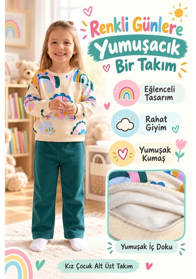Ahengim Kız Çocuk Gökkuşağı Desenli Sweatshirt 2 Li Alt Üst Takım Ak15636 Yeşil