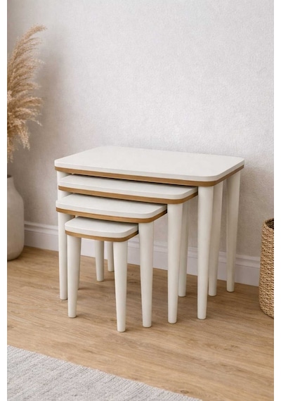 Ant Home Sahra 4 Lü Zigon Sehpa Seti Komple Lake Boyalı Gold Detaylı Modern Yan Sehpa Ekru