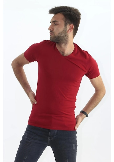 Sermoda Erkek Slim Fit V Yaka Tişört - Dar Kesim Basic Günlük T-shirt Bordo