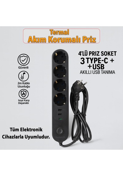 4 Prizli 3 Usb Girişli Akım Korumalı Topraklı Golyat Grup Şarj Fiş Priz 2 Metre Uzatma Kablosu