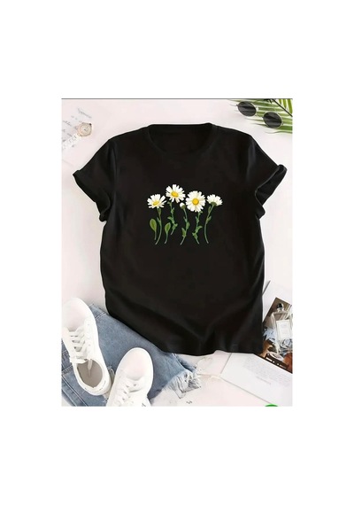 Medinenur Yan Yana Papatya Desenli Basic T-shirt Siyah