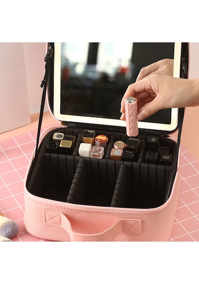 Led Aynalı Makyaj Çantası Taşınabilir Kozmetik Organizer Pembe