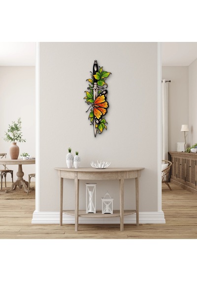 Antik Bıçak, Yapraklar Ve Kelebek - Metal Tablo - Dec0269 33 X 90 Cm Çok Renkli