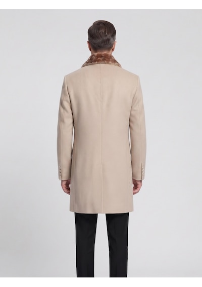 Plus Scorpion Erkek Uzun Kaşe Kaban Çıkartılabilir Kürk Yaka, Astarlı Ve Cepli Slim Fit Mont Bej