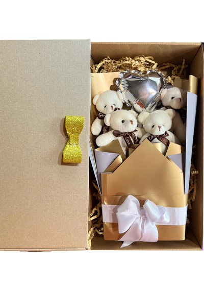 Sole Sevgiliye Özel Dore-gümüş Konsept Balonlu Romantik Peluş Ayıcık Buketi