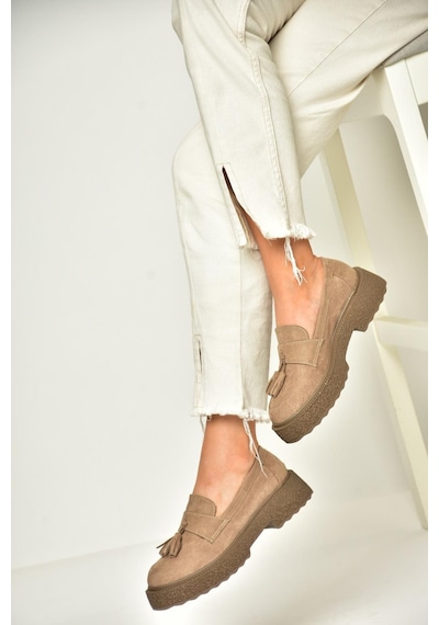 Fox Shoes T996193002 Vizon Süet Kalın Tabanlı Makosen Ayakkabı Vizon
