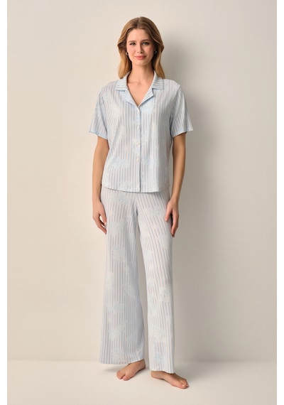 Suwen Lady Gömlek Yaka Pijama Takımı Sh26611660b348 Mavi