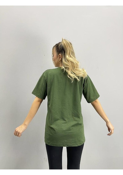 Flood Of Style Kadın Haki Marvel Baskılı Oversize Bisiklet Yaka Tshirt