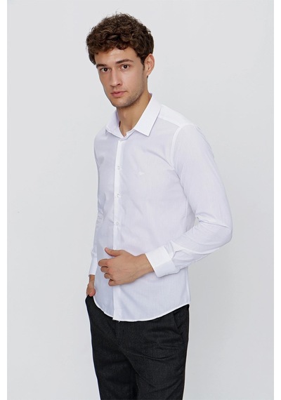 İmza Beyaz Uzun Kol Düz Bez Ayağı 041 Sert Yaka Basic Slim Fit Gömlek 1004245057 Beyaz