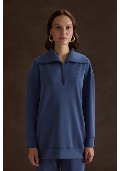 Aker Yakası Ve Yan Yırtmaçları Fermuarlı Modal Sweatshirt İndigo İndigo