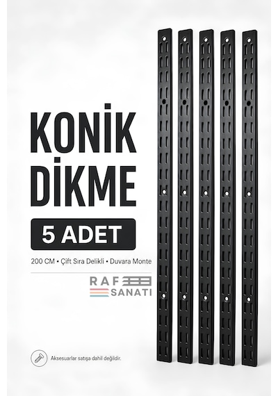 5 Adet - Konik Dikme 200 Cm Siyah Çift Sıra Delikli Modüler Mağaza Raf Profili Direği