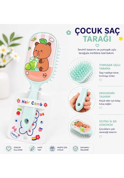 5 Farklı Seçenekli Sevimli Hayvan Desenli Yumuşak Uçlu Ergonomik Çocuk Saç Tarağı Fırçası