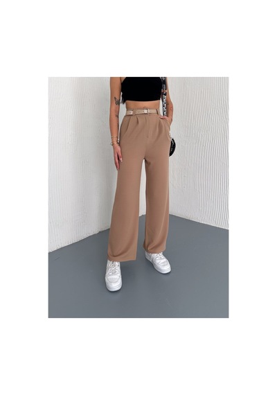 Gugus Kadın Palazzo Kemer Detaylı Bol Paça Wide Leg Pantolon Krem