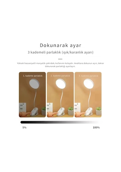 Shopytech Klipsli Led Masa Lambası Usb Şarjlı 3 Kademeli Dokunmatik Göz Yormaz Işık 4000 Mah Çok Renkli