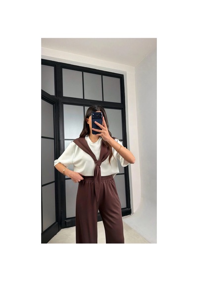 Miss Beyoğlu Kadın Şal Detaylı Basic Tshirt Beli Lastikli Pantolon İkili Eşofman Takımı Kahverengi