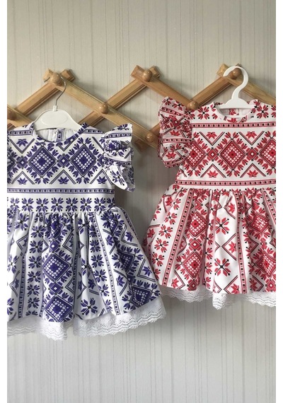 Fırfır Detaylı Etnik Desenli Poplin Kırmızı Beyaz Kız Çocuk Bebek Elbise 001