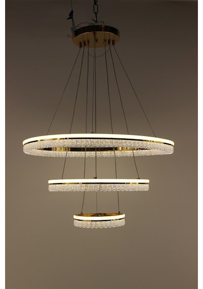 Şık Gold Kaplama 3 Katlı Silikonlu Kristalize Halka Serisi Formu Modern Led Sarkıt