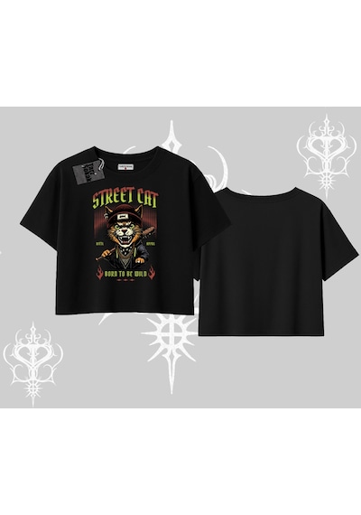 Tarzsokak Street Cat Kedi Baskılı Oversize Crop Tshirt Siyah