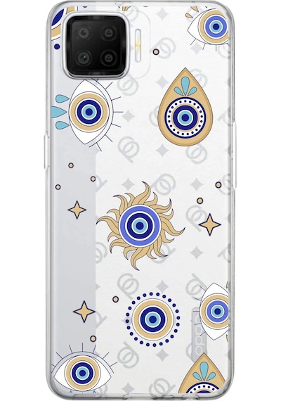 Oppo A73 İle Uyumlu 1mm Slim Fit Nazar Boncuğu 5 Baskılı Şeffaf Kılıf Şeffaf