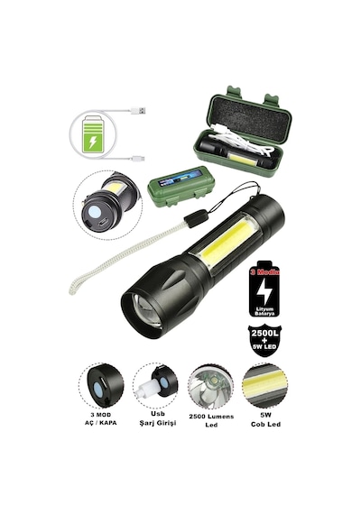 Tak-02 Ultra Güçlü 2500 Lumens + 5w Cob Led Usb Şarjlı El Feneri Kutulu Kamp Feneri Avcılık Pro Siyah