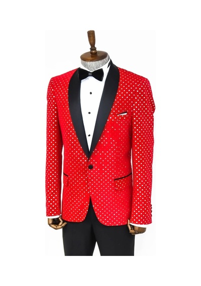 Wessi Nokta Desenli Slim Fit Kırmızı Erkek Smokin Ceket Kırmızı