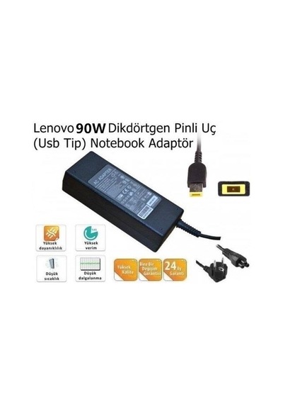 Lenovo Uyumlu 20V 4.5A Notebook Adaptör - Dikdörtgen Pinli Uç - Usb Tip