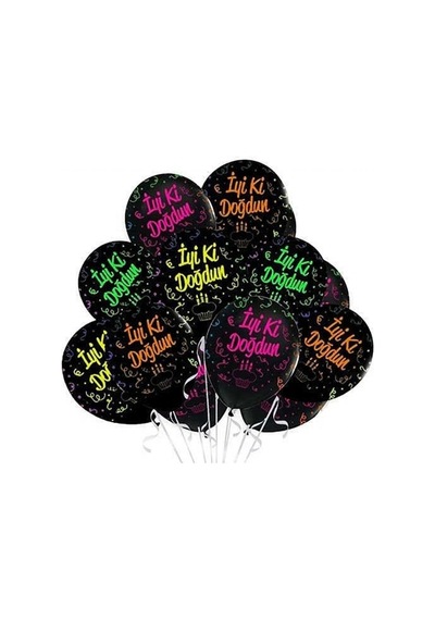 İyi Ki Doğdun Renkli Baskılı Siyah Lateks Balon 12 İnç 25x30 Cm Çok Renkli