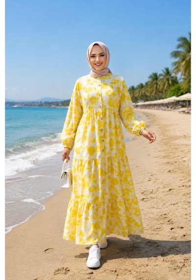 Hb Harma Time Butik Kadın Düğmeli Desenli Modal Kumaş Sarı Elbise Hardal Hardal