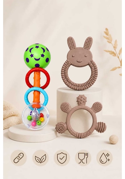 3lü Çıngıraklı Diş Kaşıyıcı Set Kahverengi