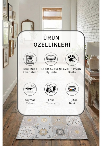 Çini Soft Dijital Baskılı Kaymaz Yıkanabilir Yolluk Açık Gri