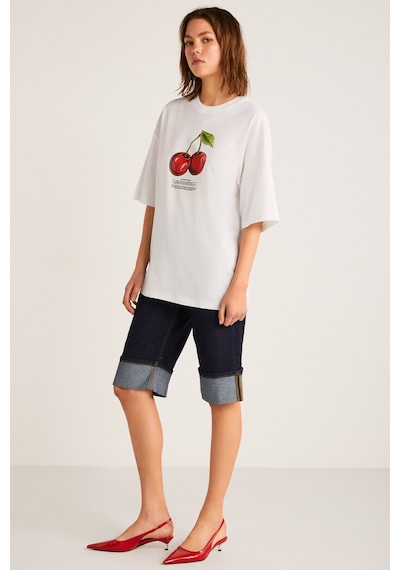 Grımelange Odalys Kadın %100 Organik Pamuklu Oversize Fit Bol Kesim Kiraz Baskılı Bisiklet Yaka Beyaz T-shirt