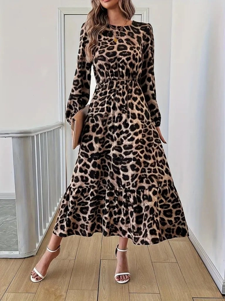 Hazego Uzun Kollu Bisiklet Yaka Leopar Desenli Midi Süprem Elbise Leopar