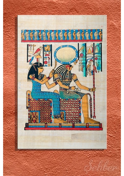Papirüs Kağıdına Ele Yapımı Tanrı Horus Ve Kraliçe Otantik Bir Sanat Eseri Yatay Tekli Kanvas Tablo 3599
