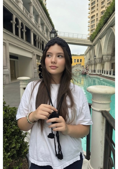 Mollycrush Örgü Yazlık Bere Siyah Çiçek Motifli Hair Band Yazlık Şık Model Siyah