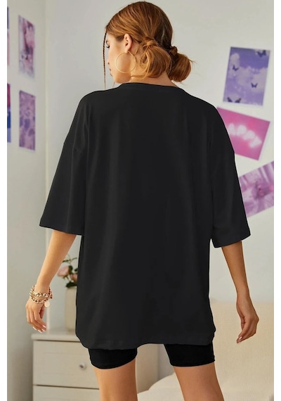 Unisex Tüy Baskılı Tasarım Tshirt SIYAH