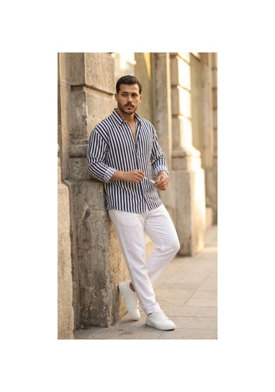 Butik İstanbul Erkek Dikey Çizgili Yarım Oversize Gömlek Lacivert