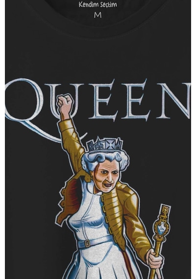 Baskılı Siyah T-shirt Queen Kraliçe Elizabeth The Crown Unisex Tişört 001