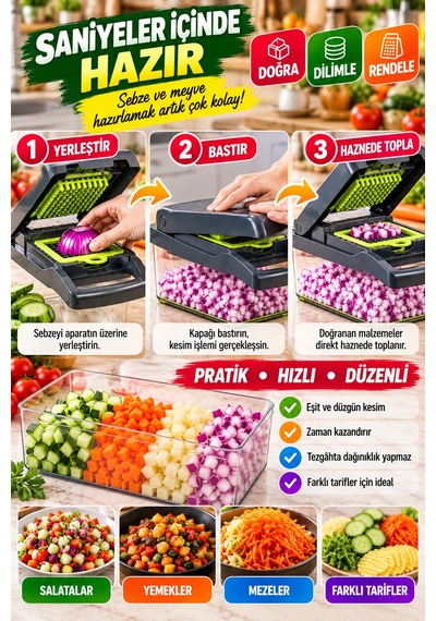 15 Parça Çok Fonksiyonlu Sebze Doğrayıcı Rende Dilimleyici Hazneli Pratik Mutfak Kesici Set Aparatlı Yeşil