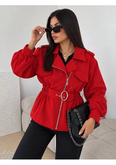 Nido Moda Kadın Kırmızı Kemerli Fermuarlı Ceket Balon Kol Şık Tasarım