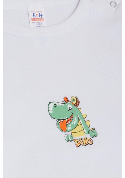 Breeze Erkek Bebek Çıtçıtlı Zıbın Body Mutlu Dinozor Baskılı 9 Ay-3 Yaş, Beyaz Beyaz