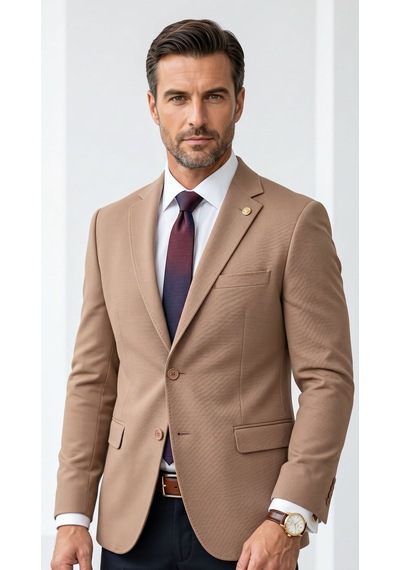 Plus Scorpion Erkek Slim Fit Çift Düğme Çift Yırtmaçlı Blazer Ceket Premium Dokulu Kumaş Taba