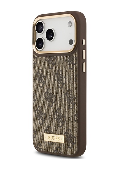 Apple Uyumlu iPhone 17 Pro Max Kılıf Guess Lisanslı M-safeli 4g Desenli Pu Metal Plaka Klasik Logolu Kahverengi Kahverengi