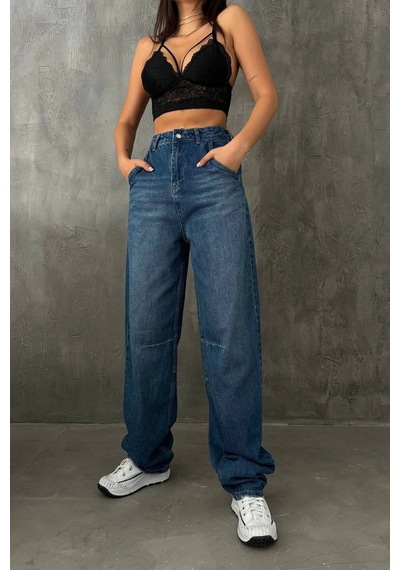 Premium Yıkamalı Kemerli Baggy Jeans Mavi
