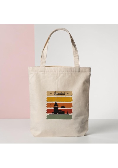 İstanbul Retro Desenli Bez Çanta - Pinterest Omuz Çantası, 35x40 Cm Çok Renkli