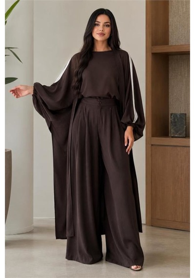 Neşeli Butik Kadın Kahve Şerit Detaylı Oversize Tunik Pantolon İkili Tesettür Takım Nms102 Kahverengi