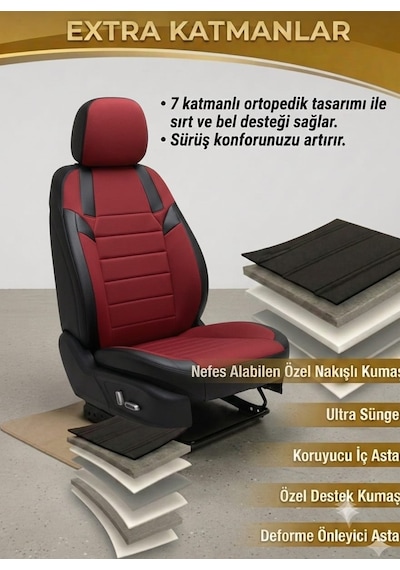 Monza Kırmızı Siyah Serisi Üniversal Oto Koltuk Kılıfı Ön Arka Koltuk Tam Set